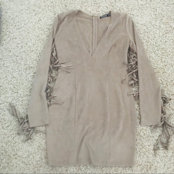 Rehab Dresses & Skirts - CLEAR OUT SALE Rehab Tan Suede Fringe Dress XL